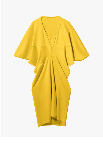 Yellow V Neck Patchwork Cotton Dresses Batwing Sleeve