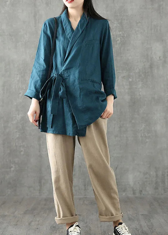 Blue Green Peter Pan Collar Tie Waist Linen Coats Long Sleeve