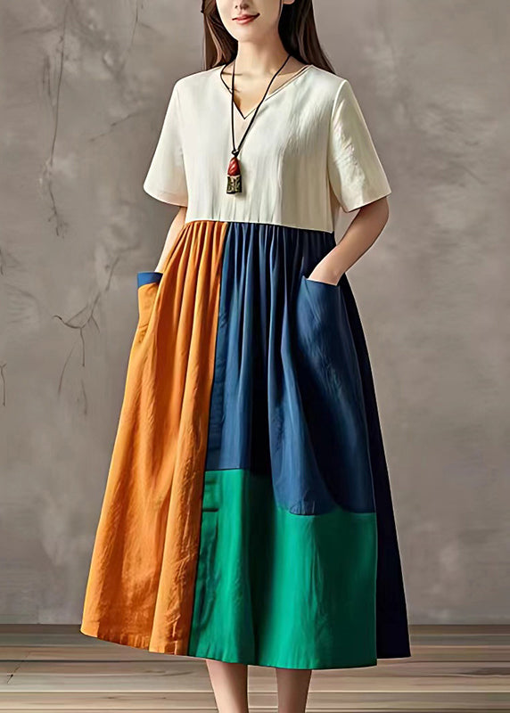 French Colorblock Oversized Patchwork Cotton Maxi Dress Summer