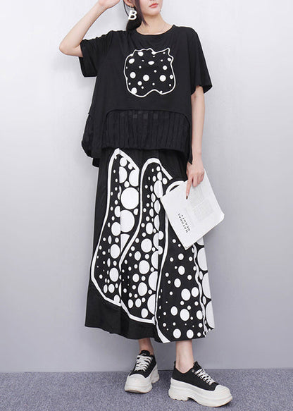 Black Print Patchwork Cotton Two Pieces Set Summer