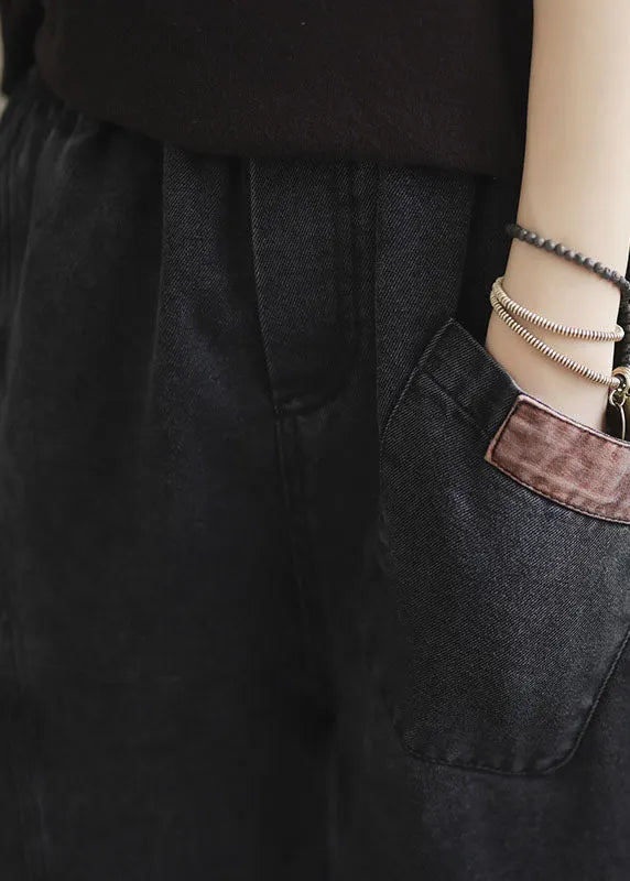 Natural Blue Elastic Waist Pockets Denim Pants Spring