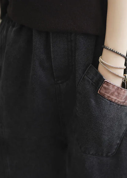 Natural Blue Elastic Waist Pockets Denim Pants Spring