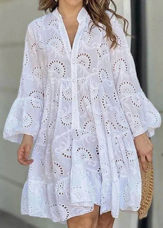 French White V Neck Hollow Out Holiday Lace Long Dress Fall