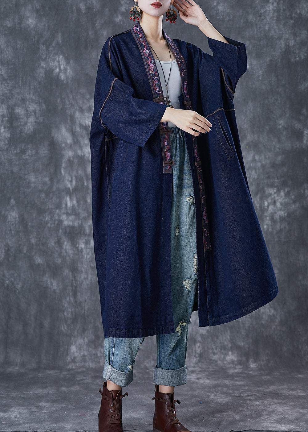 Navy Embroideried Chinese Button Denim Trench Fall