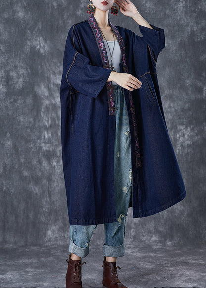 Navy Embroideried Chinese Button Denim Trench Fall
