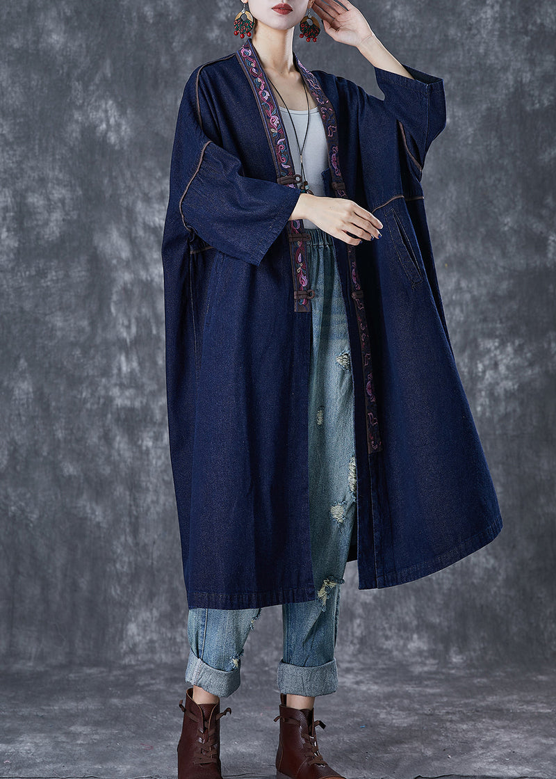 Navy Embroideried Chinese Button Denim Trench Fall