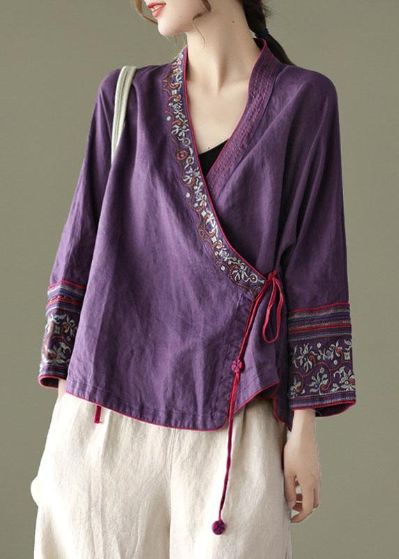 Rose Embroidered Long Sleeve Linen Shirt