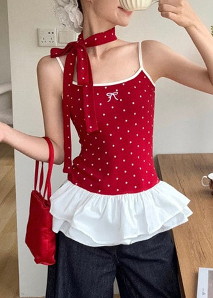 Red Dot Ruffled Patchwork Wrinkled Tank Summer