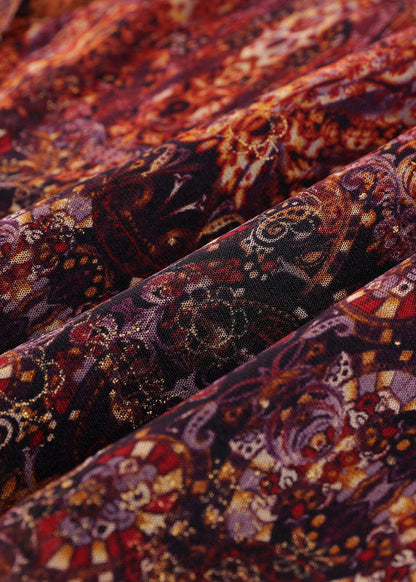 Brown Peter Pan Collar Print Button Silk Shirt Top Bracelet Sleeve