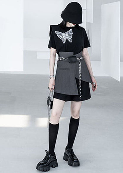 Black Grey Patchwork Asymmetrical Fake Tow Piece Wide Leg Shorts Summer