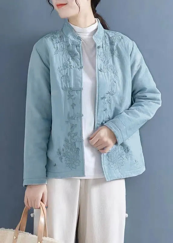 Purple Embroidered Oriental Button Fine Cotton Filled Coats Spring