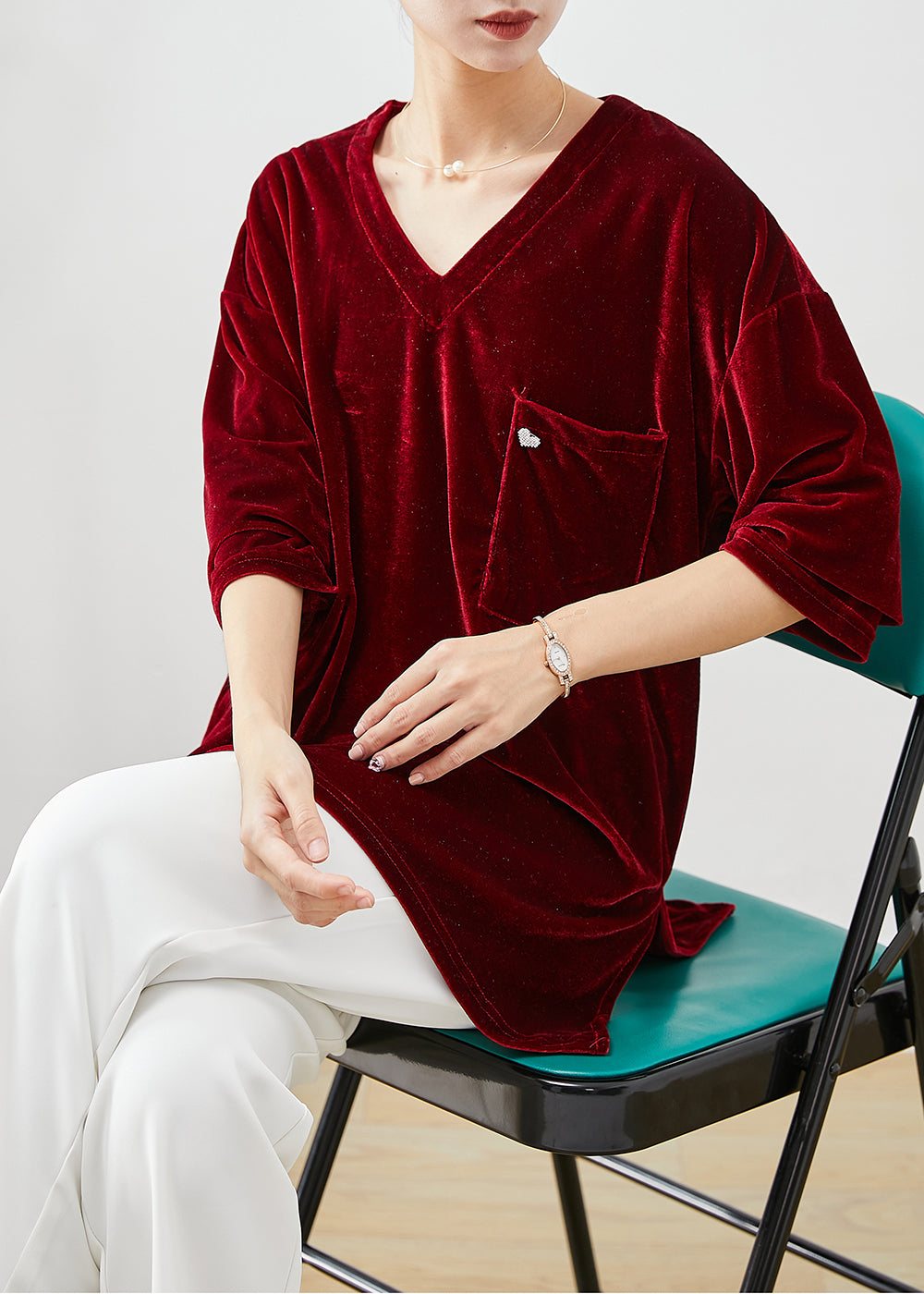 Mulberry V Neck Pocket Silk Velour Top Fall
