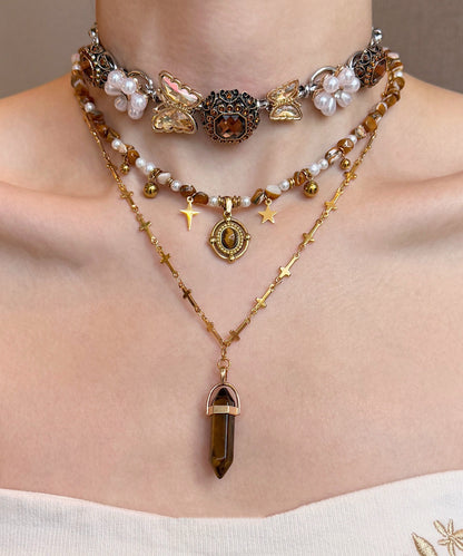Brown Tiger's Eye Pearl Butterfly Titanium Steel Three Piece Set Pendant Necklace