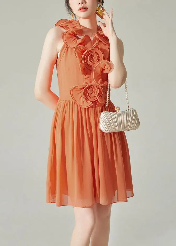 New Orange Wrinkled Chiffon Mid Dress Sleeveless