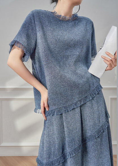 Blue Tassel Patchwork T Shirt and Maxi Skirts Two Pieces Set Short Sleeve