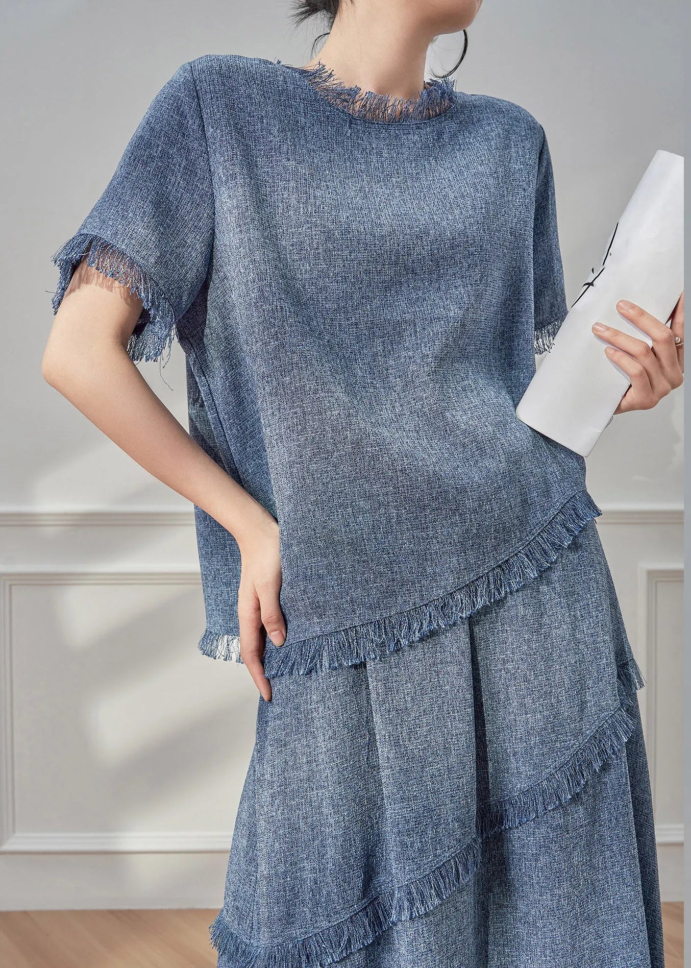Blue Tassel Patchwork T Shirt and Maxi Skirts Two Pieces Set Short Sleeve