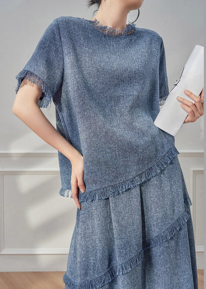 Blue Tassel Patchwork T Shirt and Maxi Skirts Two Pieces Set Short Sleeve