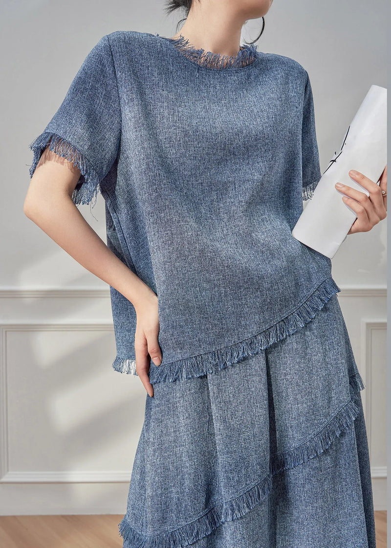 Blue Tassel Patchwork T Shirt and Maxi Skirts Two Pieces Set Short Sleeve
