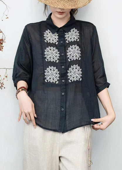 Loose Orange Peter Pan Collar Embroidered Linen Tops Summer