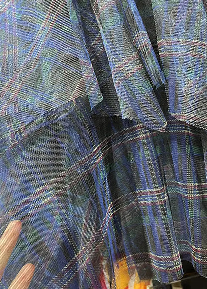 Khaki Asymmetrical Plaid Elastic Waist Layered Tulle Maxi Skirts Spring