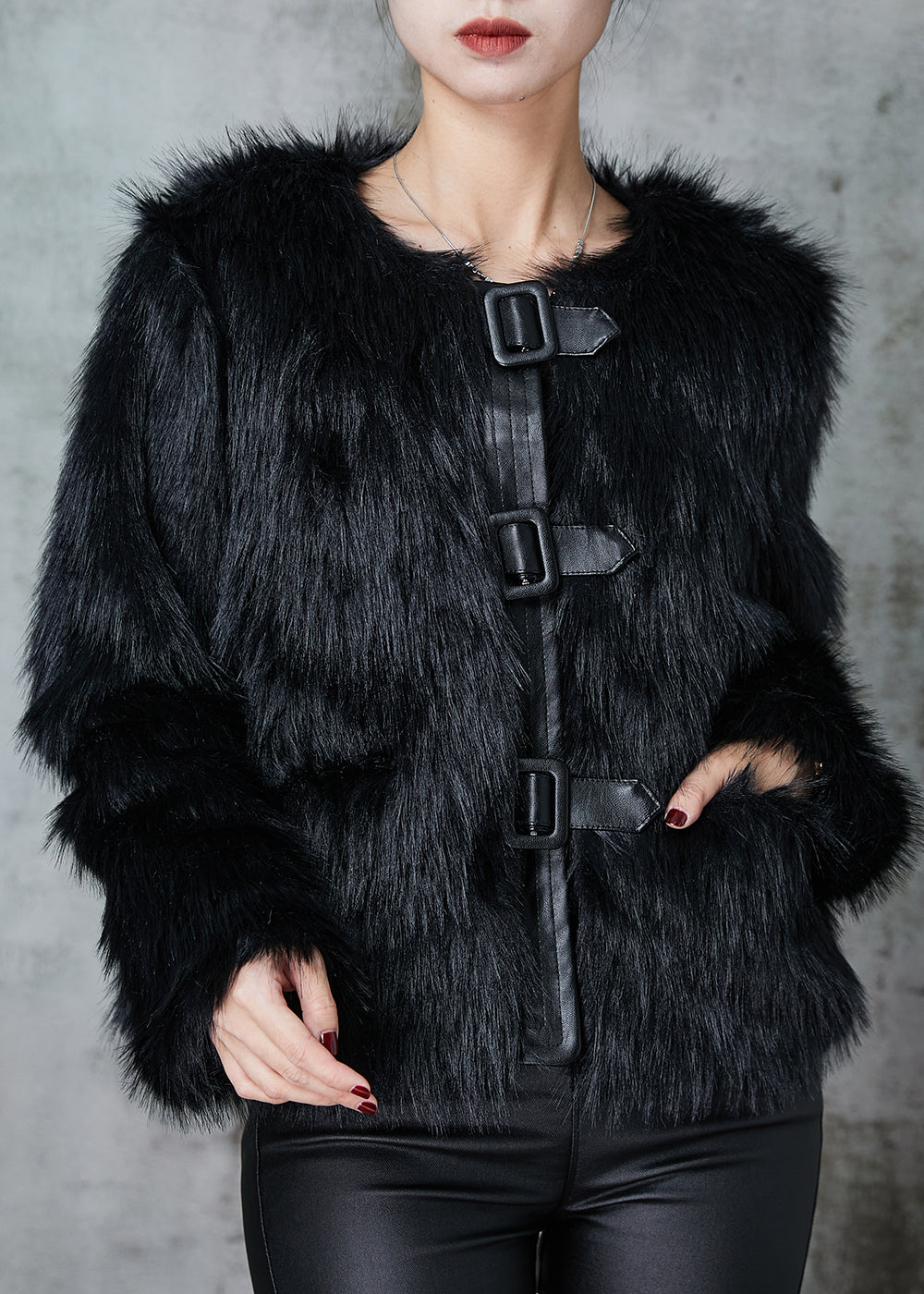 Black Patchwork Faux Fur Coat O-neck Winter