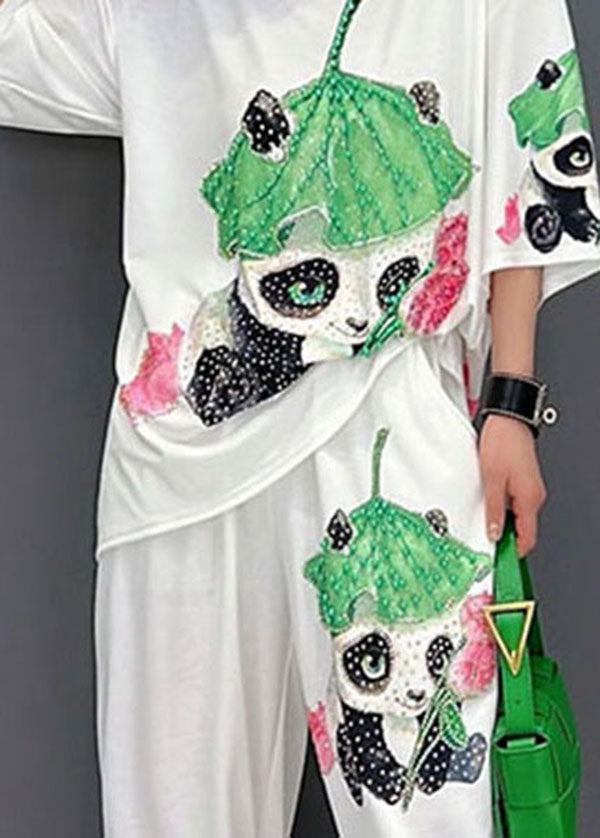 White O-neck Panda Print Cotton Two Piece Set Clothing Summer