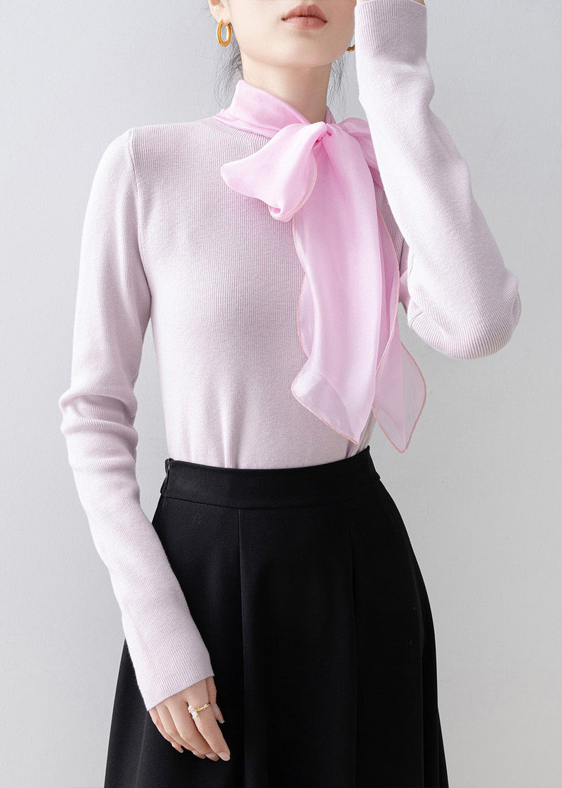 Pink Hign Neck Bow Slim Fit Knit Sweaters Spring