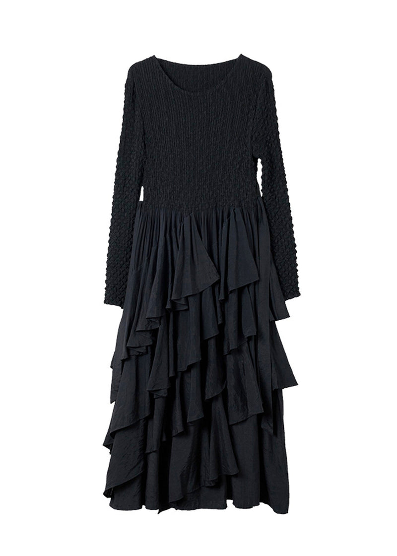Black O Neck Ruffled Patchwork Cotton Dresses Spring