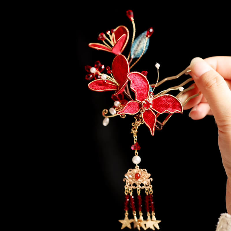 Chinese Hairpin Red Flower Butterfly Tassel Comb