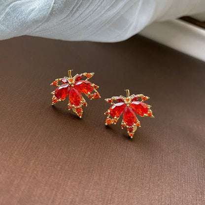 Copper Maple Leaf Zircon Necklace Pendant Ring Earrings for Luck