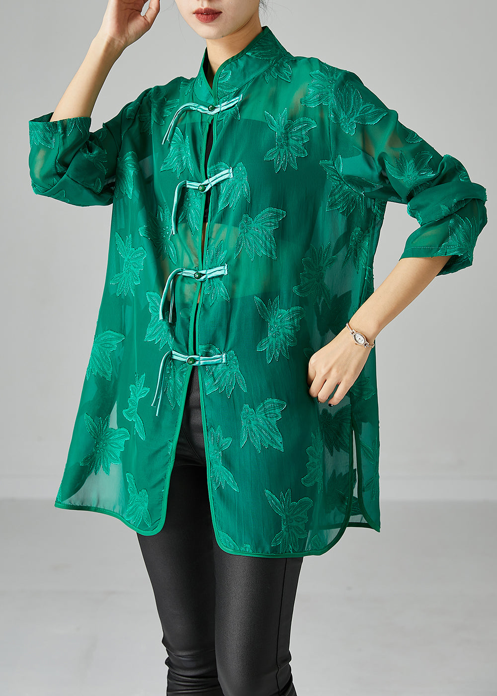 Green Chiffon Upf 50+ Shirts Oversized Chinese Button Fall