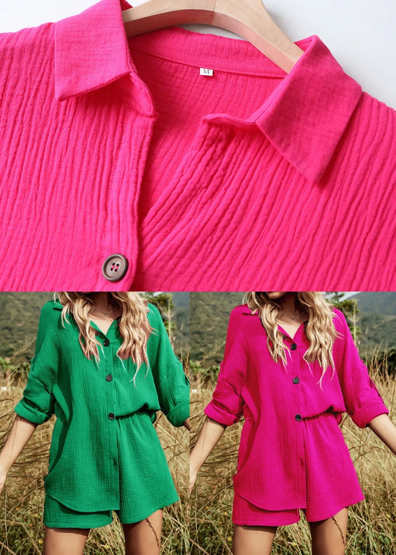 Tea Green Button Cotton Two Pieces Set Oversized Summer