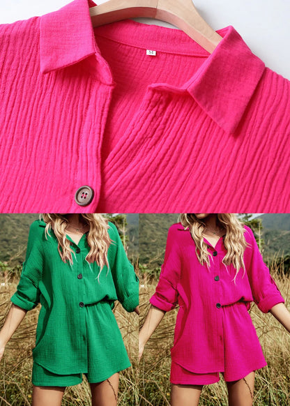 Tea Green Button Cotton Two Pieces Set Oversized Summer