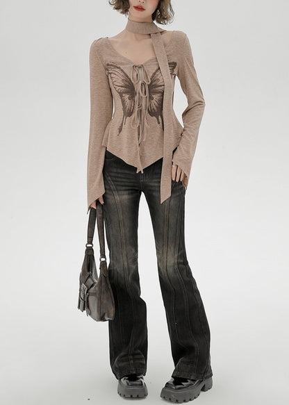 Natural Khaki Side Open Butterfly Print Cotton Shirt Flare Sleeve