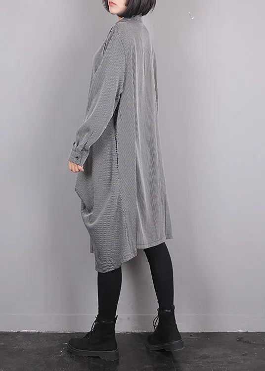 Grey O-neck Asymmetrical Striped Button Maxi Dress Fall