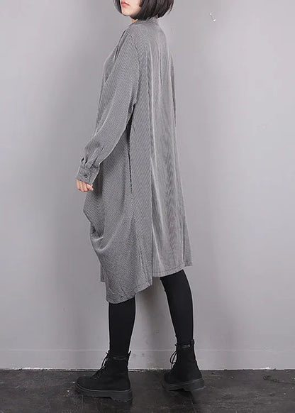 Grey O-neck Asymmetrical Striped Button Maxi Dress Fall