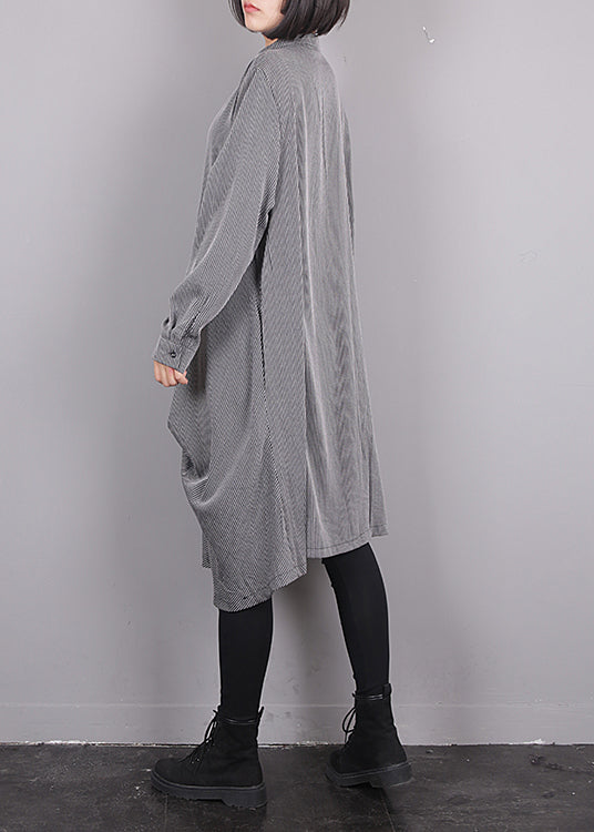 Grey O-neck Asymmetrical Striped Button Maxi Dress Fall