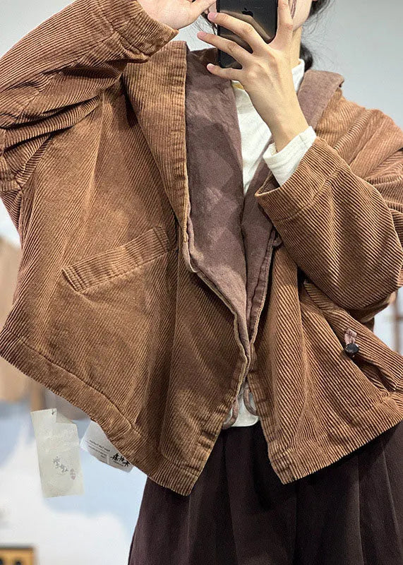 Chocolate Hooded Oversized Pockets Corduroy Coat Spring