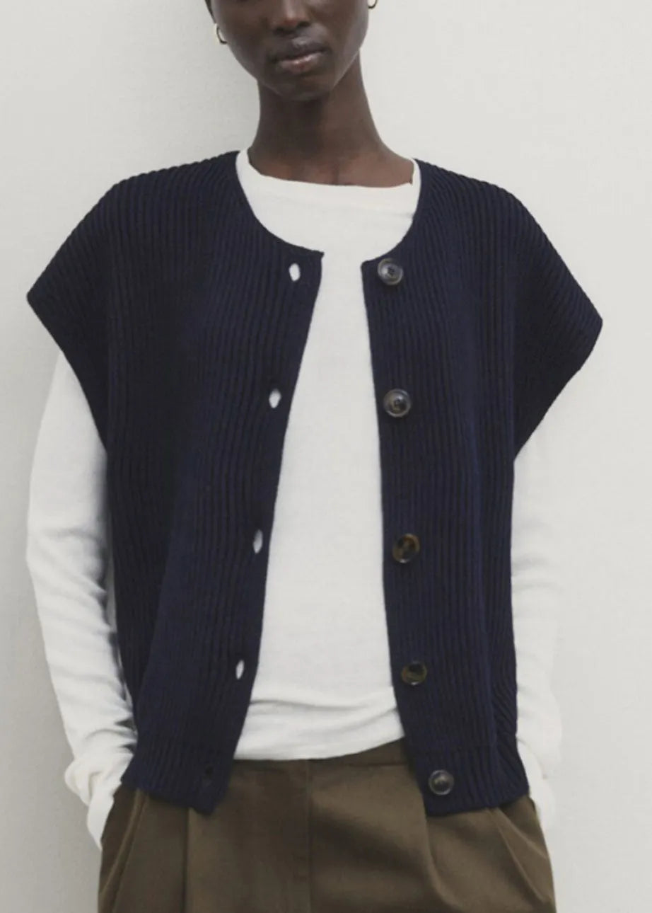Boutique Navy O-neck Button Cotton Knit Waistcoat Short Sleeveless