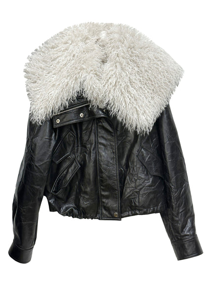Black Fur Collar Patchwork Detachable Pu Jacket Winter