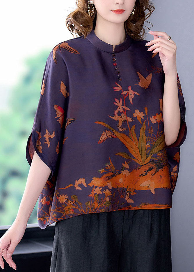Purple Stand Collar Print Silk Shirts and Pants 2 Piece Outfit Half Sleeve