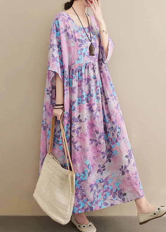 O-neck Print Patchwork Wrinkled Cotton Maxi Dresses Summer