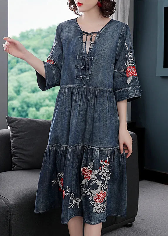 Blue V Neck Embroideried Cotton Holiday Denim Dress Half Sleeve