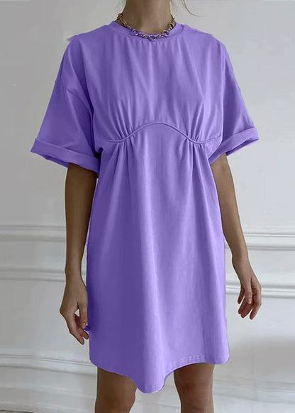 Loose Khaki O Neck Cotton Mid Dress Summer