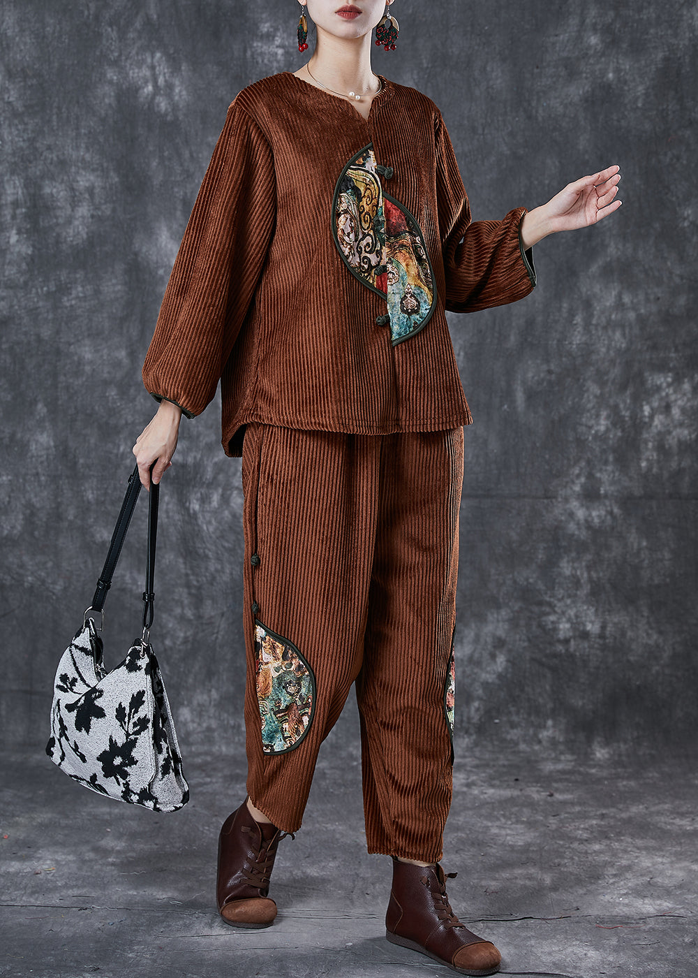 Style Brown Oversized Patchwork Corduroy Two Piece Suit Set Spring