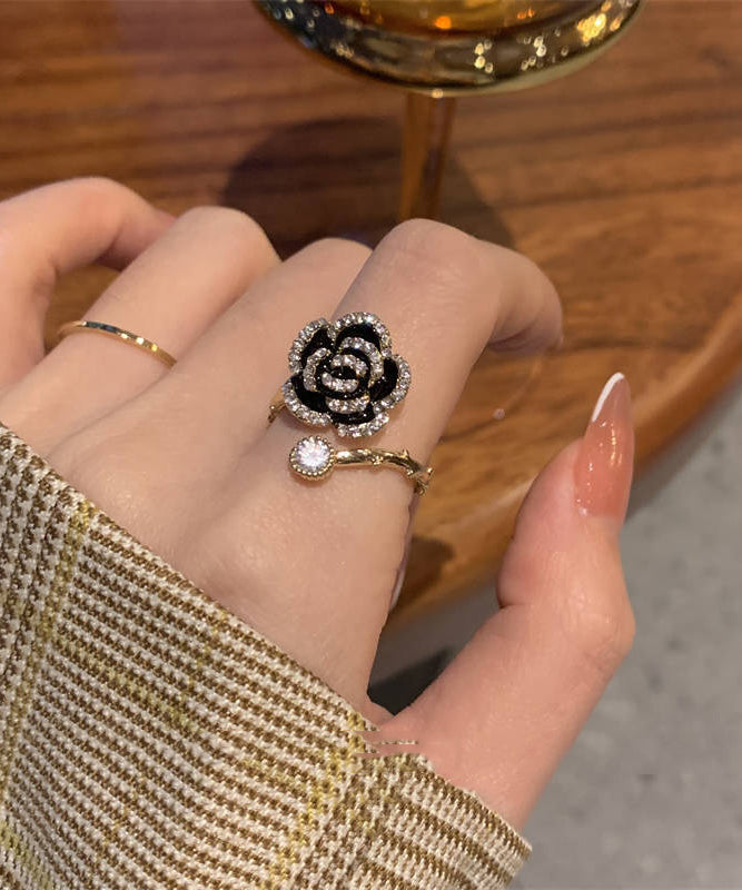 Black Copper Overgild Zircon Camellia Rings