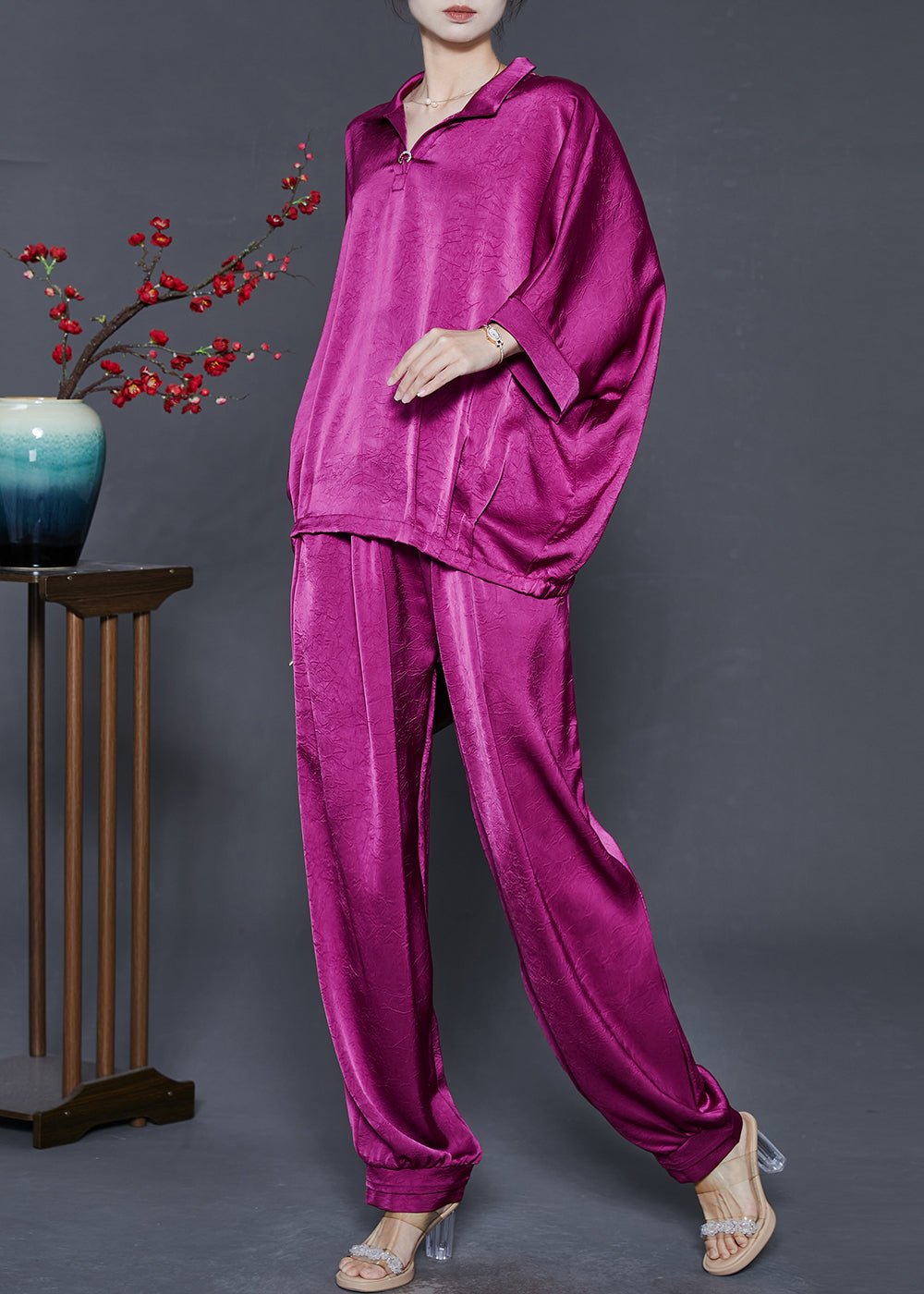 Stylish Purple Oversized Wrinkled Silk Sets 2 Pieces Summer