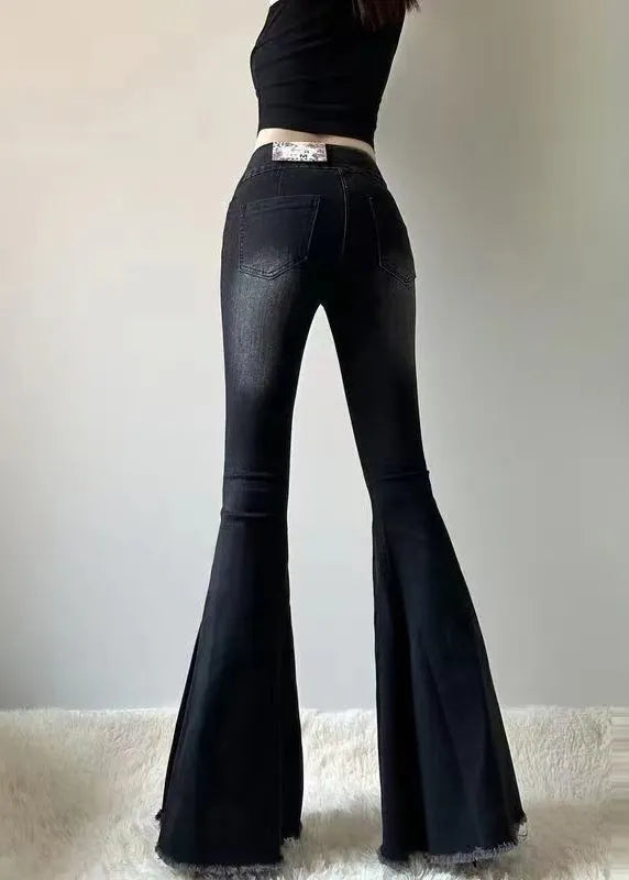 Silm Fit Black High Waist Denim Flared Trousers Spring