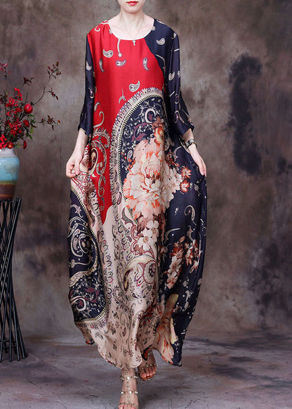 Red O-neck Asymmetrical Print Silk Holiday Dress Half Sleeve