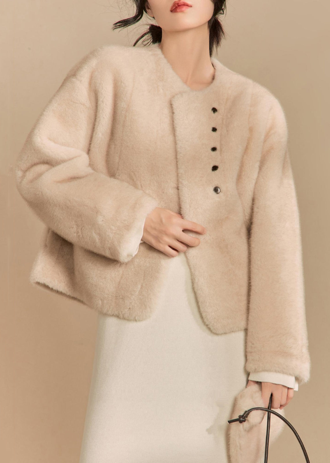 Apricot O-neck Button Fluffy Coats Winter
